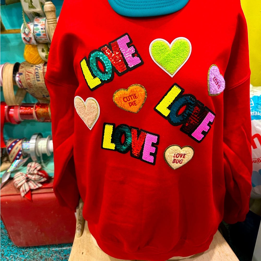 Chenille and sequin love/heart crewneck
